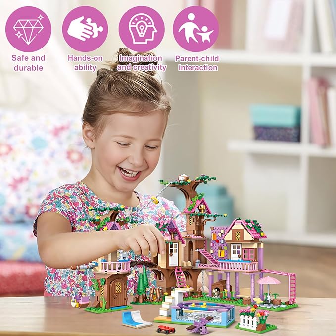 Fantasia Summer Tree House Building Blocks Multi Level Playset with Pool Rope Swing Bridge Creative Construction Toy for Kids Teens