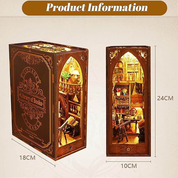 ISSEVE DIY Book Nook Kit, 3D Wooden Puzzle DIY Miniature House Kit for Booknook Shelf Insert Decoration, Magic Book House Stand Bookshelf Dollhouse for Adults with Sensor Light (Library of Books)