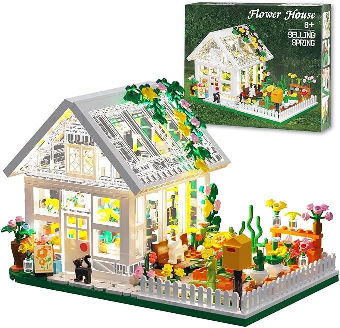 Flower House Building Mini Set with LED, City Street View Greenhouse Building Blocks Toy, Valentine Xmas Gift for Friends or Girls 8-12 Year
