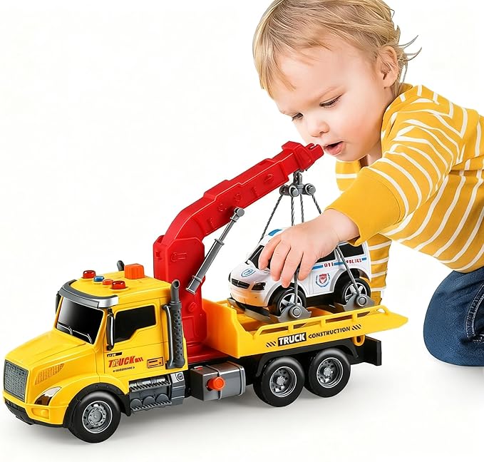 Toddler Boy Toys,Tow Truck Toy for 3 4 5 6 7 Year Old Boys,Friction‑Powered Rescue Tow Truck with Lights and Sounds,Birthday Gifts for Boys & Girls