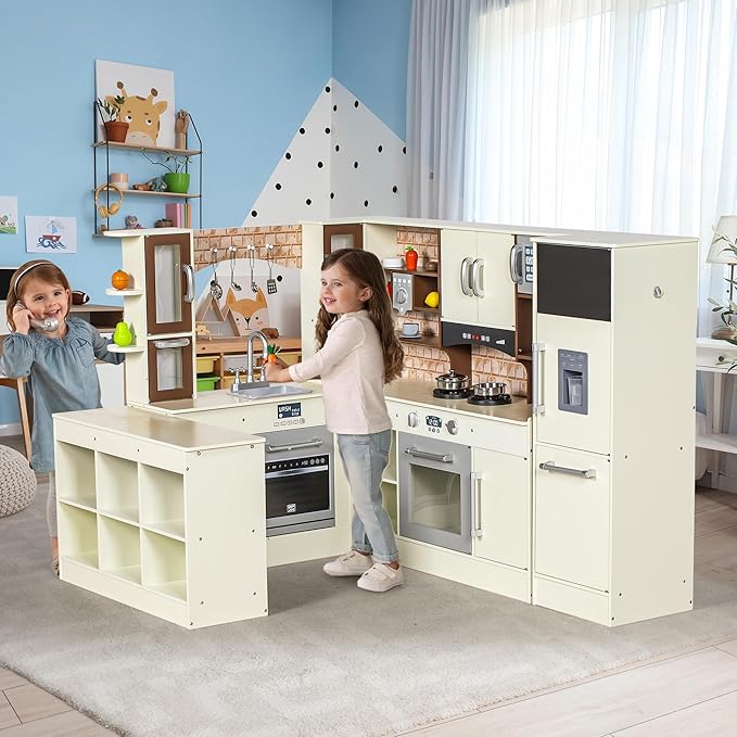 3-Piece Kids Kitchen Playset, Walk-in Wooden Play Kitchen Set for Toddlers, Modular Pretend Play Kitchen w/Light&Sound, Large Corner Kitchen Cooking Toy w/Coffee Capsule, Gift for Girls Boys