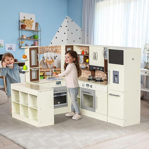 3-Piece Kids Kitchen Playset, Walk-in Wooden Play Kitchen Set for Toddlers, Modular Pretend Play Kitchen w/Light&Sound, Large Corner Kitchen Cooking Toy w/Coffee Capsule, Gift for Girls Boys