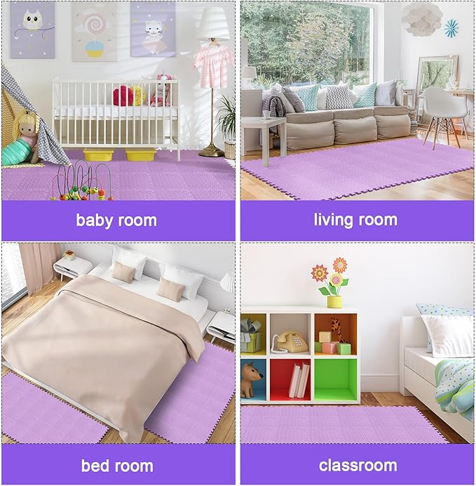 Shihanee 16 Pcs Foam Floor Baby Tiles 11.81 x 11.81 inches Foam Floor Mats Play Mats Bulk with Borders Interlocking for Kids Baby Playroom Nursery Gym（Purple）