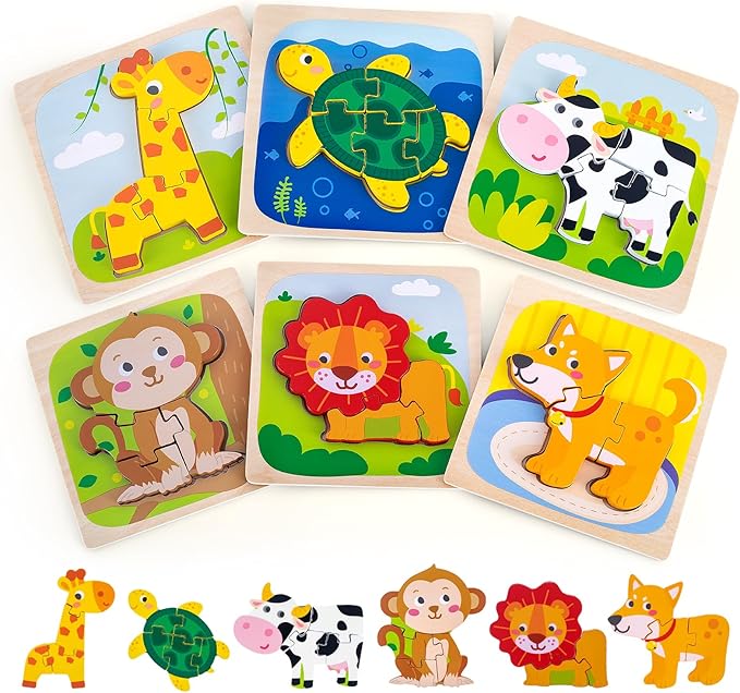 6 Pack Wooden Puzzles for Toddlers 1-3 Years Old - Montessori Toys for 2-Year-Old, Educational Toys with 6 Animal Patterns Puzzles for Boys & Girls Birthday Gift, STEM Educational Learning