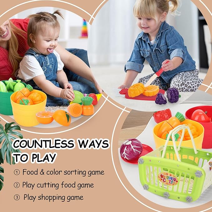 Kids Shopping Cart with Cutting Play Food Set for Kid Kitchen, 2 in 1 Shopping Cart for Kids Grocery Store Pretend Play Kitchen Accessories Sorting Food Bucket Learning Toys Gift for Toddler 3-5