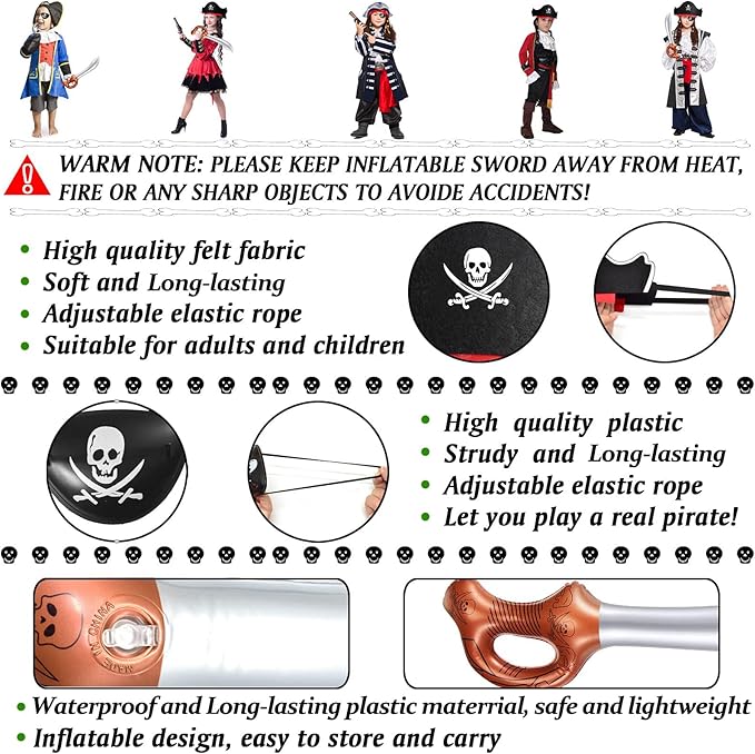 Legigo 18 Pcs Funny Pirate Party Set- Include 6 Pirate Hats, 6 Eye Patches, 6 Inflatable Swords for Pirate Party Cosplay Caribbean Dress Accessories
