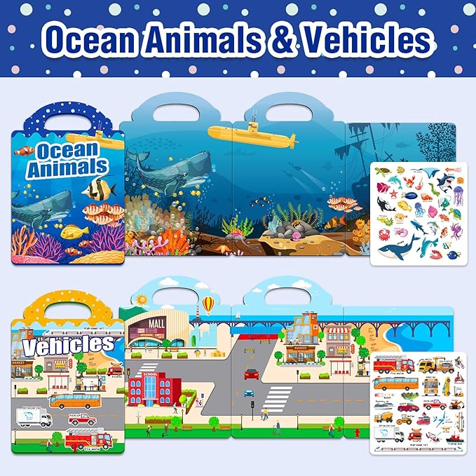 2 Sets Reusable Sticker Books for Toddlers 1-3, Removable Jelly Sticker Books for Kids 2-4 Years, Toddler Travel Toys Activity Road Trip Essentials for Kids- Vehicle + Ocean