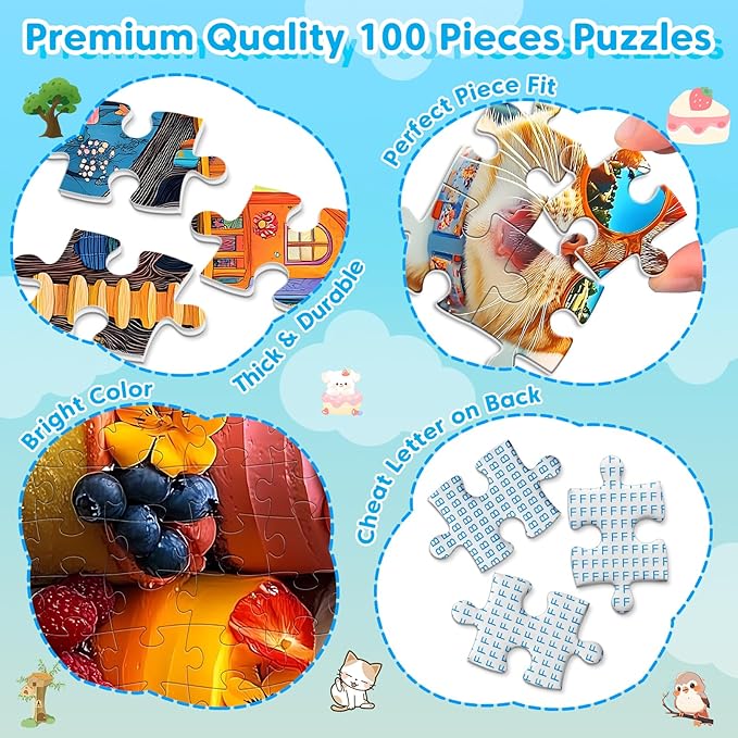 4-Pack 100 Piece Puzzles for Kids Ages 4-6 6-8 Year Old - Cakes Tree House & Cats Jigsaw Puzzles, Fun Educational Toys for Boys Girls, for Family Activities
