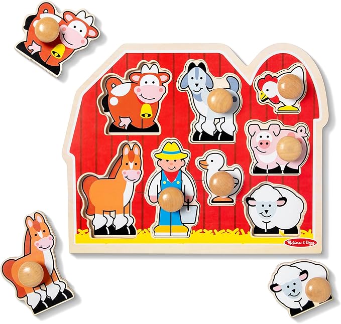 Melissa & Doug Farm Animals Jumbo Knob Puzzle, Wooden Peg Puzzle for Toddlers, Educational Toy for Shape Recognition and Fine Motor Skills, Ages 1+