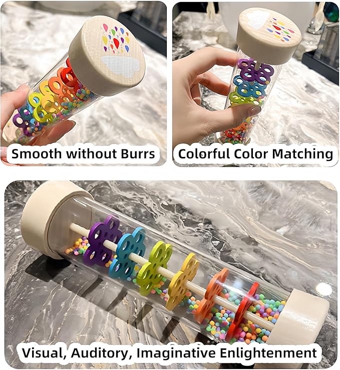 Oneshow Rain Sticks for Kids, Wooden Rainmaker Montessori Toys for Baby 6-12 Months, Rain Stick Baby Rattle Sensory Development Toys with Calming Rain Sounds Gifts for 1 Year Old Toddler 7.7"& 3.7"