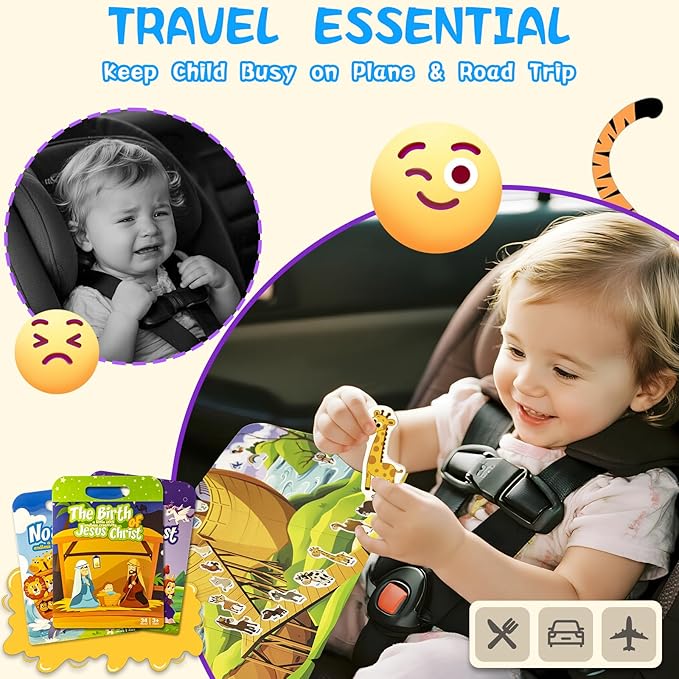 3 Pack Reusable Sticker Books for Kids, Waterproof Puffy Stickers - Match and DIY Scene, Toddler Travel Essential Activities Toys - Christianity Jesus, Noah's Ark and Fairy Tales (2-6 Age)