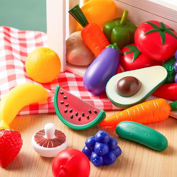 JOYIN 50 Piece Set of Kitchen Toys, Dinnerware, Dummy Fruits, Vegetables, Plastic Accessories for Children Educational Learning Toy, Role Play Gift, Easter Basket Stuffers