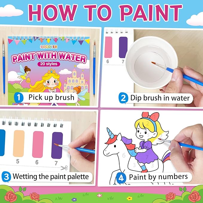 Paint with Water Coloring Books for Toddlers,Mess Free Watercolor Painting Papers for Kids Water Color Paint Kit Art Craft Birthday Gift for Ages 1-3, 4-8(Princess and Party)