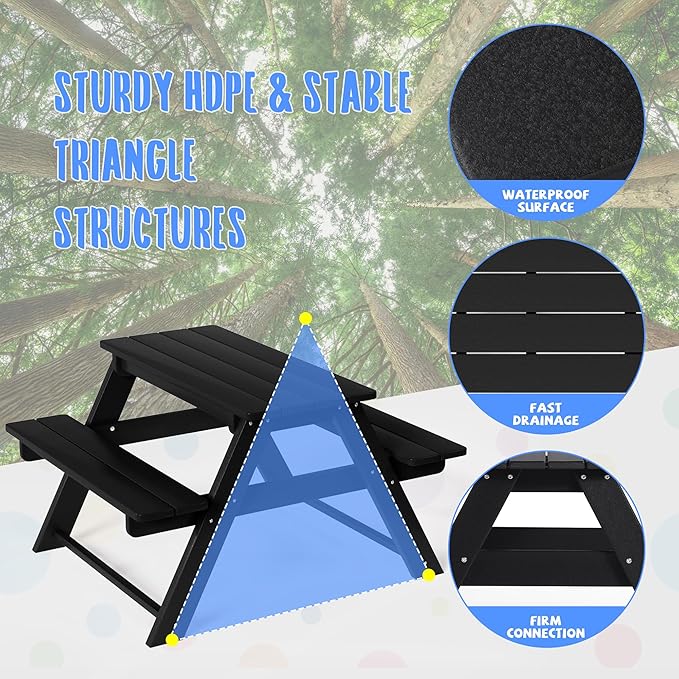 Costaelm Kids Picnic Table, HDPE All Weather Outdoor Toddler Picnic Table and Chair Set Kids Bench for Patio, Backyard, Garden, Lawn, Black