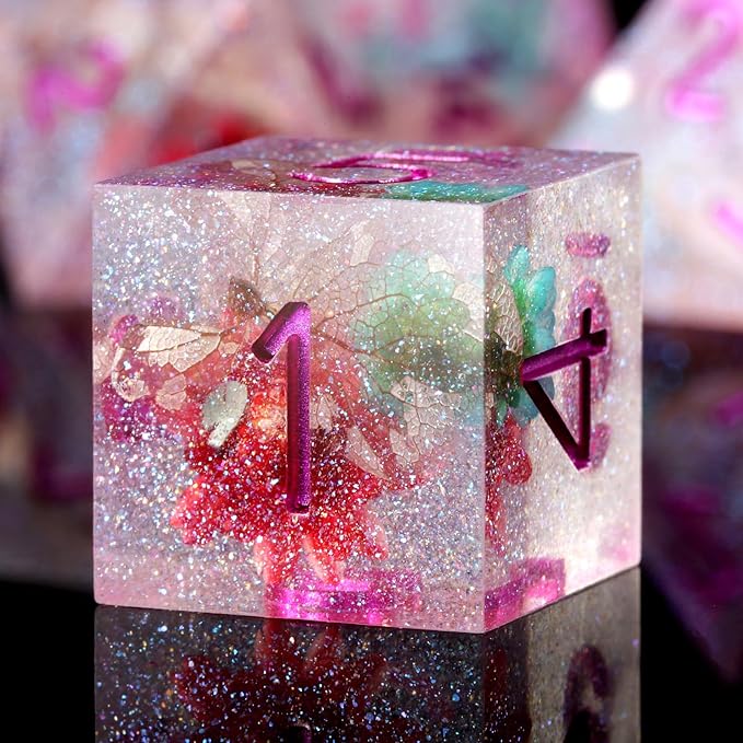 Resin DND Dice, DNDND Handmade Flowers Sharp Edge D&D Die Set with Gift Case for D&D Dungeons and Dragon Tabletop Games (Matt Purple)