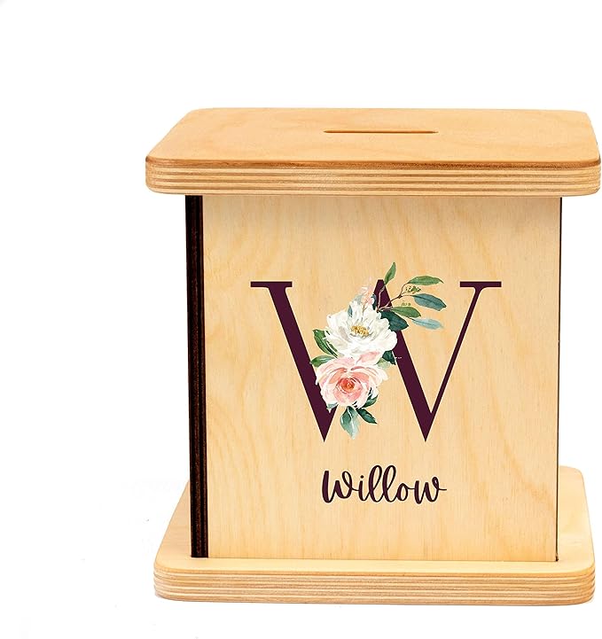 Wooden Piggy Bank for Kids and Adults, Personalized Gift Handmade in USA by BloomOwl, Custom Piggy Bank, Personalized Banks for Kids, Gifts for Baby Boys and Girls (Floral Initial)