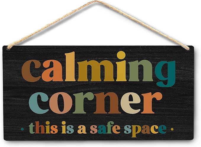 Calming Corner Hanging Wood Sign - Safe Space, Classroom Decor, School Counselor Office, Calm Down Corner Decorations, Boho Style (Black), 12x6