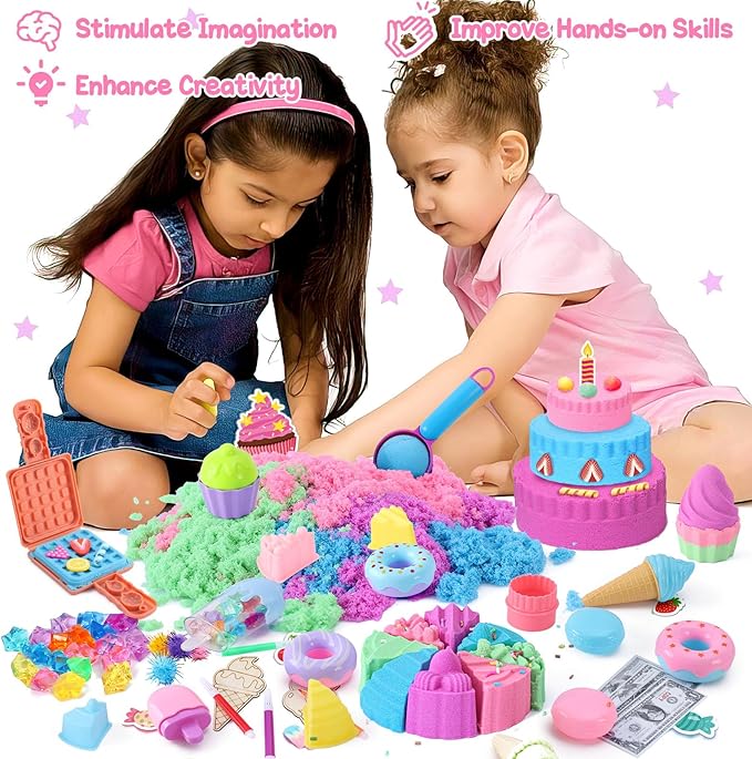 Golray Ice Cream Sensory Bin for Girls, Play Sand Art Kit with Sandbox, 2lb Magic Sand, Cake & Waffle Molds, Pretend Play Desserts Toys, Sensory Toy Set Gifts for Girl Toddlers Ages 3 4 5 6 7 8