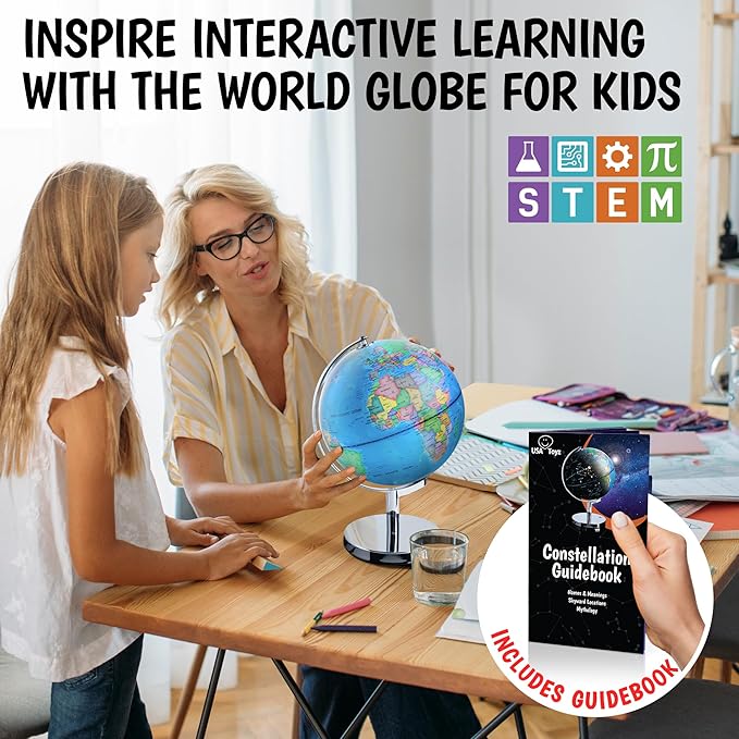 USA Toyz Illuminated Globe for Kids Learning- 3-in-1 STEM Globes of the World with Stand, Constellation Map, Built-in LED Night Light Desk Globe Lamp, Non-Tip Metal Base, 9.75” Tall, 7 Inch Diameter