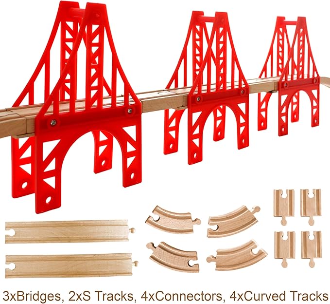 Wooden Train Bridges, 3 Suspension Bridge, Wooden Train Track Accessories, Wood Train Track, Train Tracks Compatible with All Major Brands, Wood Toys for Girls & Boys