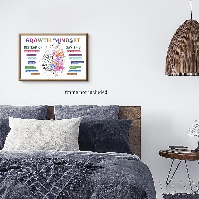 CEHNSENHUI Classroom Growth Mindset Affirmations for Kids Mental Health Posters Brain Poster Psychology Special Education Calm Corner Wall Art Office Therapy Canvas Wall Decor 16x24in Unframed