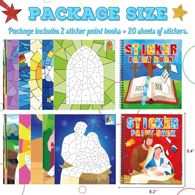 TBEEJ 2PCS Bible Crafts for Kids Ages 4-8 Sticker Paint Books Airplane Activities Includes Christian Jesus Angel Adam&Eve and More Designs Gift Party Create 20 Pictures（Sticker Sheets are Separate）