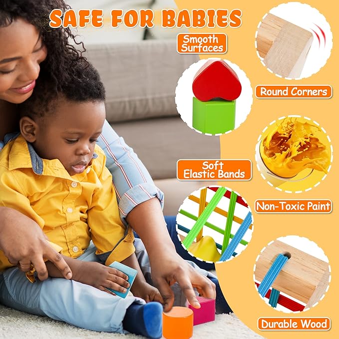 Montessori Toys for 1+ Year Old, Wooden Sorter Cube with 8pcs Rattling Shapes, Developmental Learning Toy Gifts for Baby Toddler Boys Girls, Gift Packaging