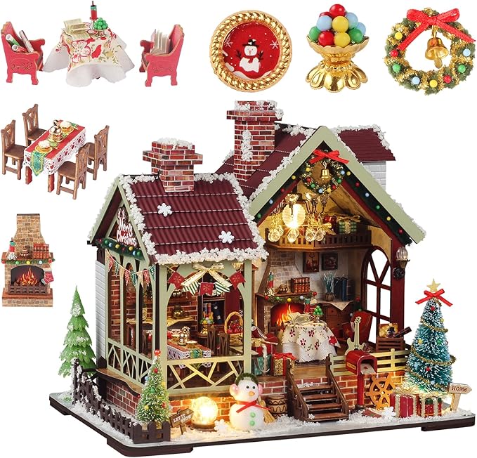 OZJAY Miniature House Kit, Mini House Building Kit with Furniture, DIY Miniature Kit for Adults Teen, Dollhouse Kit for Birthday Christmas, Warm Christmas Lodge
