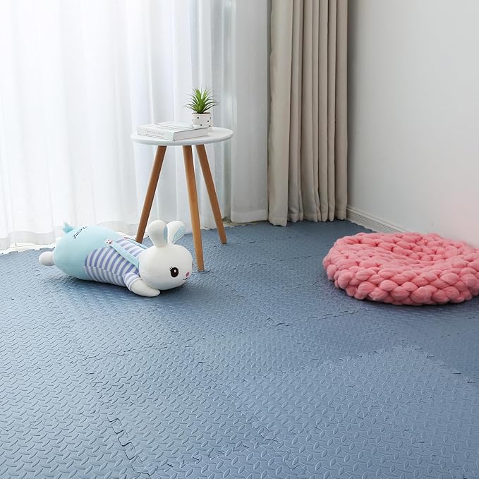Coolcandy EVA Foam Play Mat, 16 Tiles Colorful Baby Play Mat, Square Kids Playmat with Solid Colored, 0.4" Thickened Interlocking Foam Floor Tiles, Puzzle Play Mat for Baby Lying, Playing (Gray Blue)