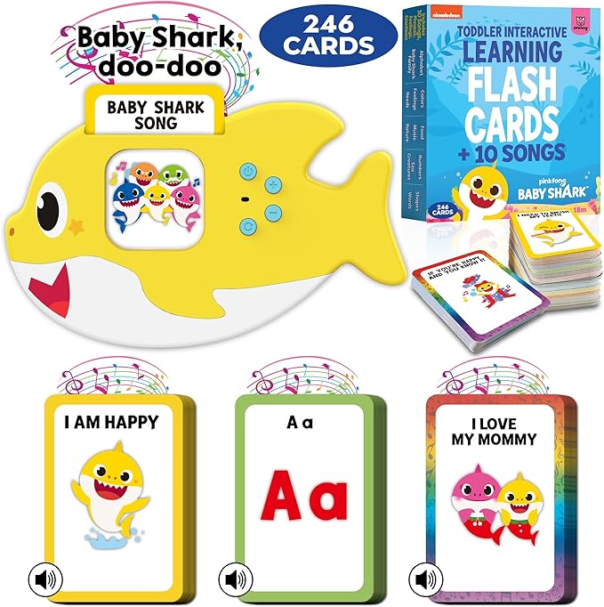 Baby Shark Flash Cards for Toddlers 2-4 Years | Sensory Toys for Autism and Autistic Non-Verbal Kids Ages 2 3 4 5 6 | Speech Therapy Learning Toys with Music, Phrases, ABC, Numbers, Sight Words