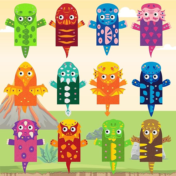 WATINC 12 Pcs Hand Puppet Making Kit, Art Craft Felt Sock Puppet Toys, Creative DIY Make Your Own Pompoms Wiggle Googly Eyes Storytelling Role Play Party Supplies Gift for Girls Boys (Dinosaurs)