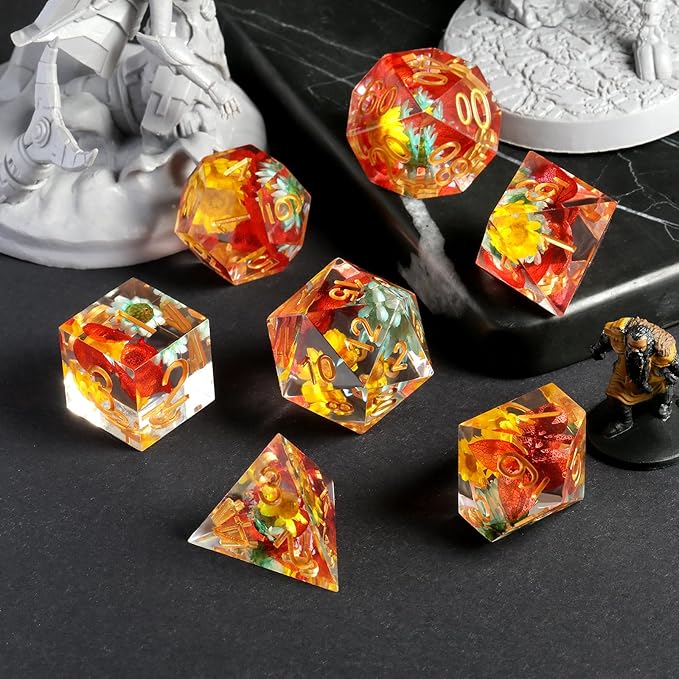 Resin DND Dice,DNDND Handmade Flowers Sharp Edge Die with Gift Case for D&D Dungeons and Dragon Games (Red and Yellow Flowers)
