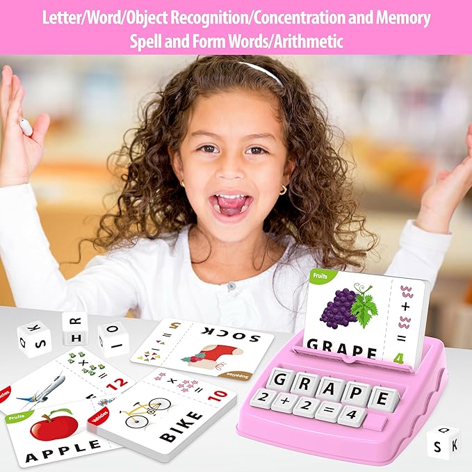 Matching Letter Games,Learning Educational Toys 2 in 1, Numerical Equality Games,Alphabet Spelling Reading Flash Cards,Early Education Gift Toys for 3,4,5,6,7 Year Olds (Pink)