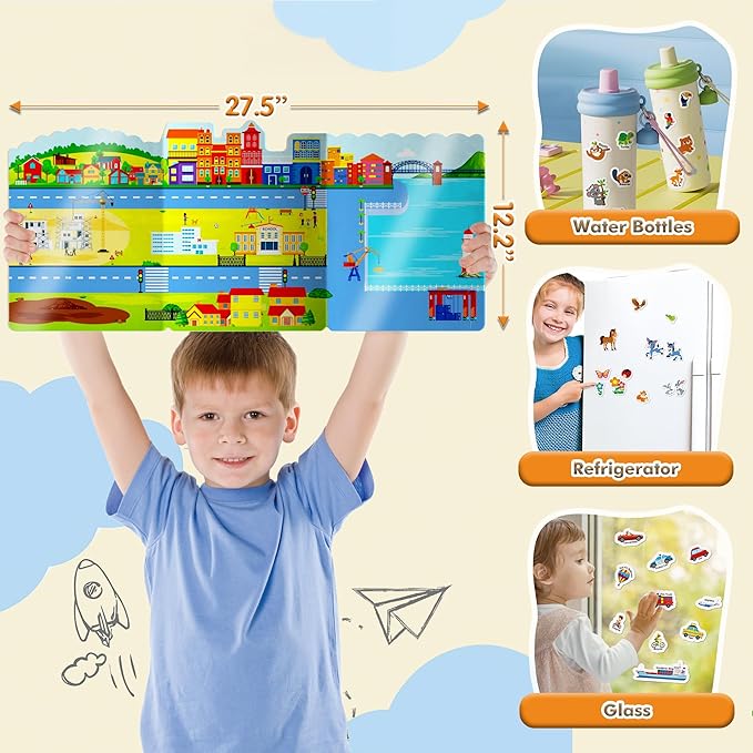 Reusable Sticker Books with 100 PCS Jelly Stickers, 2 Sets Toddler Activity Book for Girls Boys, Toddler Craft Activities-Safari, Vehicles