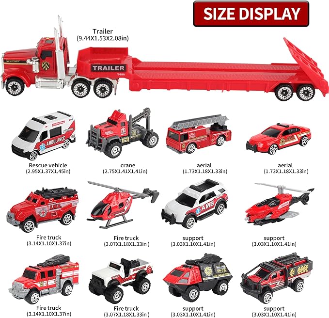 Oriate Fire Truck Vehicle Toys with Flatbed Trailer & Various Traffic Road Signs, Diecast Firetruck for 3 4 5 6 7 Year Old Boys Girls, Ambulance, Helicopter, Fire Rescue Theme Stickers