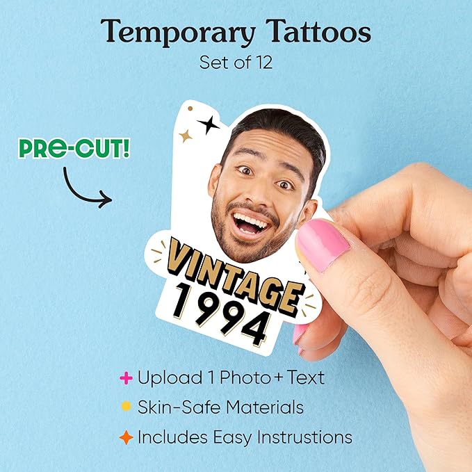 Big Dot of Happiness Custom Photo Vintage Birthday - Happy Birthday Favors - Fun Face Temporary Tattoos - Set of 12