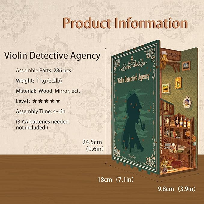 Tonecheer DIY Book Nook Kit for Adults, Wooden 3D Puzzle Bookend Bookshelf Insert Decor, Detective Booknook Miniature House Kit with Dust Cover and Body Motion Sensor LED (Violin Detective Agency)