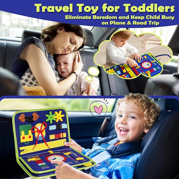 MAJAVI Busy Board Montessori Toys for 1 2 3 4 Year Old, Busy Book for Toddlers 1-3 Boys Girls Birthday Gifts, Sensory Educational Activities Travel Toys for Learning Fine Motor Skills, Blue-3 Pages