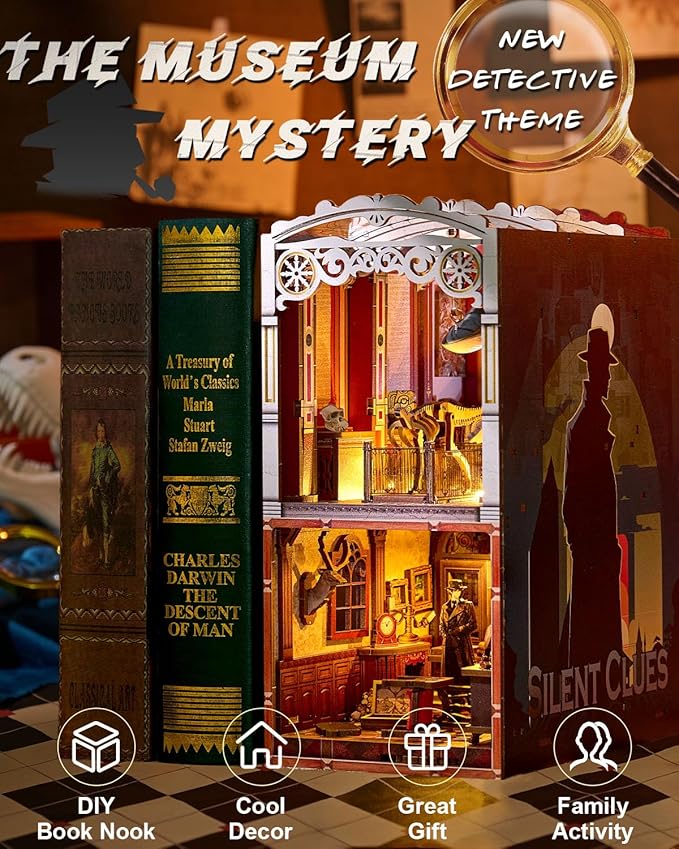 Book Nook Kit Detective, DIY Miniature Booknook Kit for Adults with LED Lights, 3D Wooden Puzzles Bookshelf Insert Decor Ideal Gifts for Men Teens Family (The Museum Mystery)