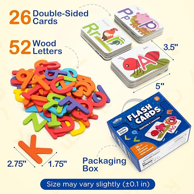 BenBen Alphabet Flash Cards, 52 Upper and Lowercase Wooden Letters, 26 Flashcards, Montessori ABC Learning Toys for Kids Ages 3-5, Preschool Learning Activities, Matching Game Puzzles