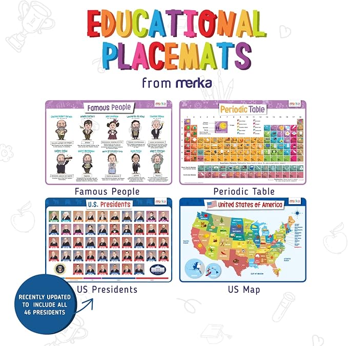 merka Kids Placemats Set of 4-17 x 11 in, Silicone - Periodic Table Placemats for Kids, US Presidents Placemat & US Map Placemat