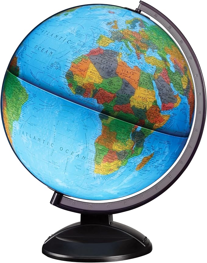 Replogle Ready to Assemble Illuminated World 12" Diameter Globe, USA Cartography, Modern Acrylic Stand and Blue Ocean Globe Ball. Easy to assemble globe that shows both Political and Vegetative information including political borders and provincial bor...