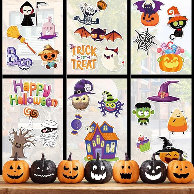 MARFOREVER 25 PCS Halloween Window Gel Clings, Halloween Pumpkins Ghosts Bats Window Thick Gel Clings Decals Stickers for Happy Halloweens Classroom Nursery Home Party Supplies Decorations