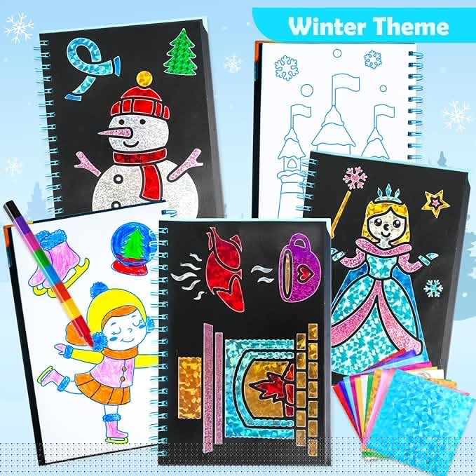 FUNNYB&G Foil Art Craft Activity for Kids - Gift for Girls Crafts for Kids Fun Art Supplies DIY Creative Travel Toy, Birthday Gift Party Favor Toys for Girls Boys 4 5 6 7 8 9 Years Old (Winter)