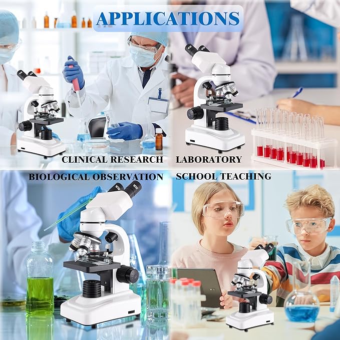 Binocular Microscope for Adults Kids Students, 64X-6000X Microscopes, 3 Objective Lens, Metal-Body Dual LED Illumination, Biological Compound Microscope Kit for School Lab, Homeschool