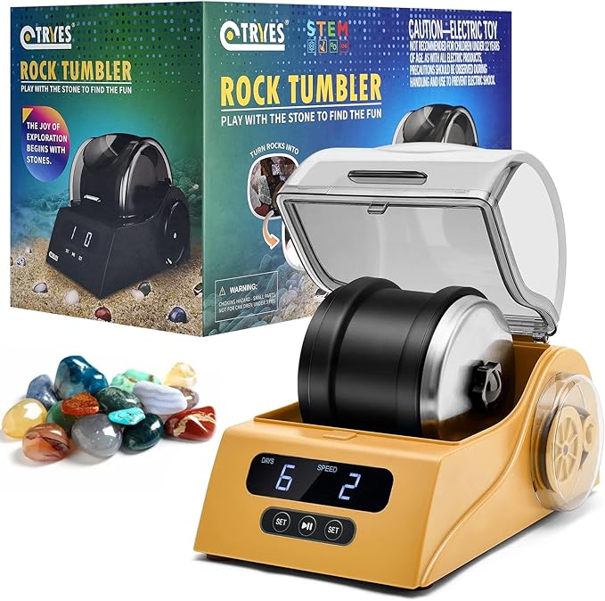 Rock Tumbler Kit Adults - Rock Polisher Tumbler with Noise Reduction Cover, Speed&Timer Control, Includes 4 Polishing Grits, Rough Gemstones, Learning Guide etc. (Yellow)