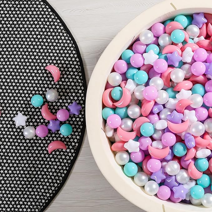 GOGOSO Ball Pit Balls Stars Moon Shapes Plastic Pitballs for Toddler Play Tent Baby Photo Props Kids Pool Water Toys Kiddie Pool Party Decor,Pink+Green+Purple+Pearl White,100PCS