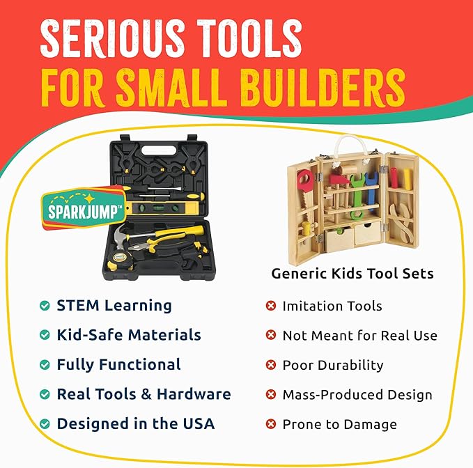 SparkJump Deluxe Kids Tool Set, Real Tools with Leather Tool Belt & Tool Box, Beginner Tool Kit for Boys & Girls Ages 4-6 & Up, Brown Ultimate Tool Set