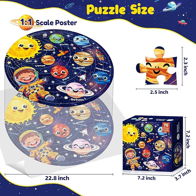ZIZZ Puzzle for Kids Ages 4-6: Glow in The Dark Solar System Jigsaw Puzzles 70 Piece Space Planets Large Floor Puzzle for Kids 3-10 Years Old Educational Toy Gift for Boys Girls Birthday Christmas