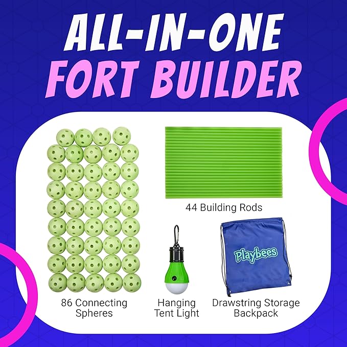 Playbees Glow in The Dark Fort Building Kit with Rods and Connectors - 132 Pieces - Glow in The Dark - Ages 4-8, 8-12 STEM Building Toy, Construction Set for Kids, DIY Castle, Birthday Gift